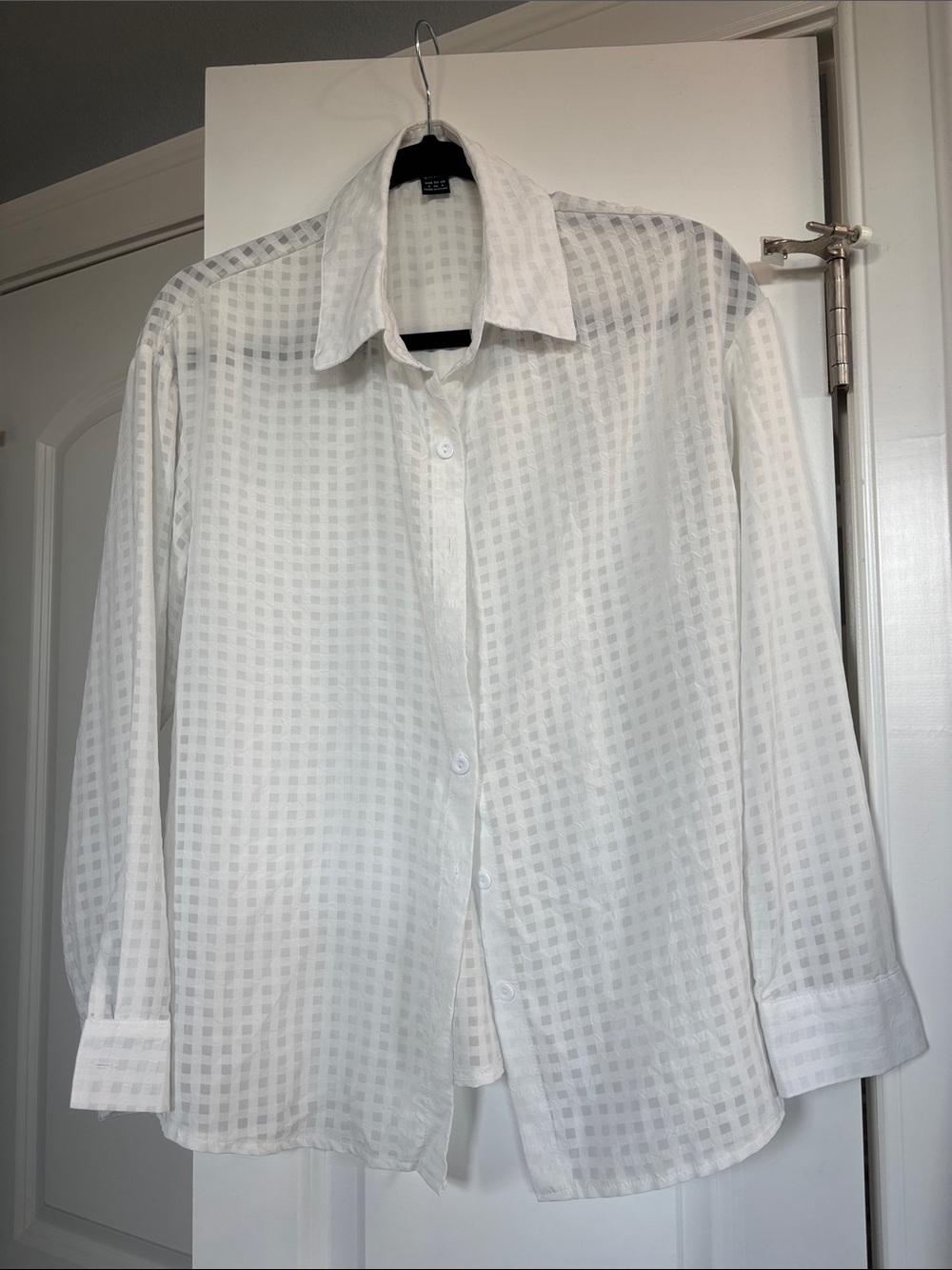 SHEIN White Sheer Grid-Pattern Button-Up Blouse